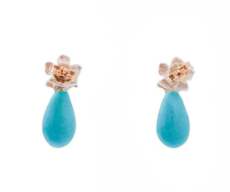 Best Pamono Rose Gold Earrings with Turquoise, Emeralds and Diamonds, Set of 2