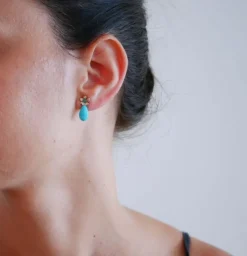 Best Pamono Rose Gold Earrings with Turquoise, Emeralds and Diamonds, Set of 2