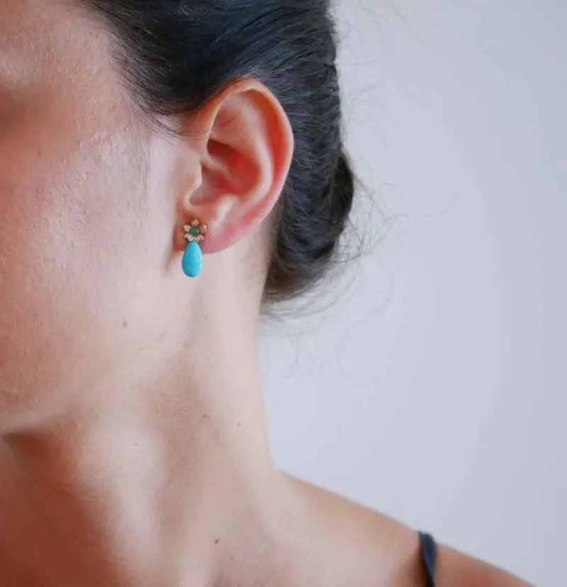 Best Pamono Rose Gold Earrings with Turquoise, Emeralds and Diamonds, Set of 2