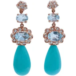 Discount Pamono Rose Gold Earrings with Turquoises, Aquamarine Topazs and Diamonds, Set of 2