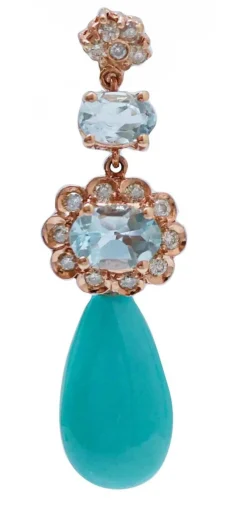 Discount Pamono Rose Gold Earrings with Turquoises, Aquamarine Topazs and Diamonds, Set of 2