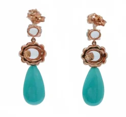 Discount Pamono Rose Gold Earrings with Turquoises, Aquamarine Topazs and Diamonds, Set of 2