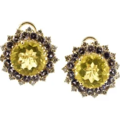 Outlet Pamono Rose Gold Stud Earrings with Diamonds, Iolite and Citrines, Set of 2