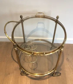Pamono Round Brass Bar Cart from Maison Baguès, 1940s><noscript><img width=