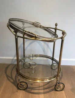Pamono Round Brass Bar Cart from Maison Baguès, 1940s><noscript><img width=