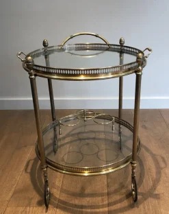 Pamono Round Brass Bar Cart from Maison Baguès, 1940s><noscript><img width=