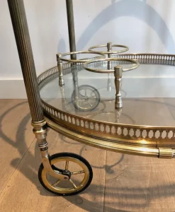 Pamono Round Brass Bar Cart from Maison Baguès, 1940s><noscript><img width=