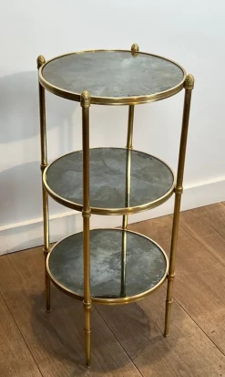 Clearance Pamono Round Bronze Sellette Table with Triple Eglomised Mirror Tops by Maison Baguès