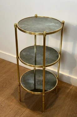 Clearance Pamono Round Bronze Sellette Table with Triple Eglomised Mirror Tops by Maison Baguès