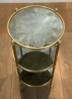 Clearance Pamono Round Bronze Sellette Table with Triple Eglomised Mirror Tops by Maison Baguès
