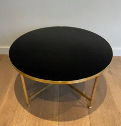 Best Pamono Round Coffee Table in Brass with Black Lacquered Glass Top by Maison Jansen
