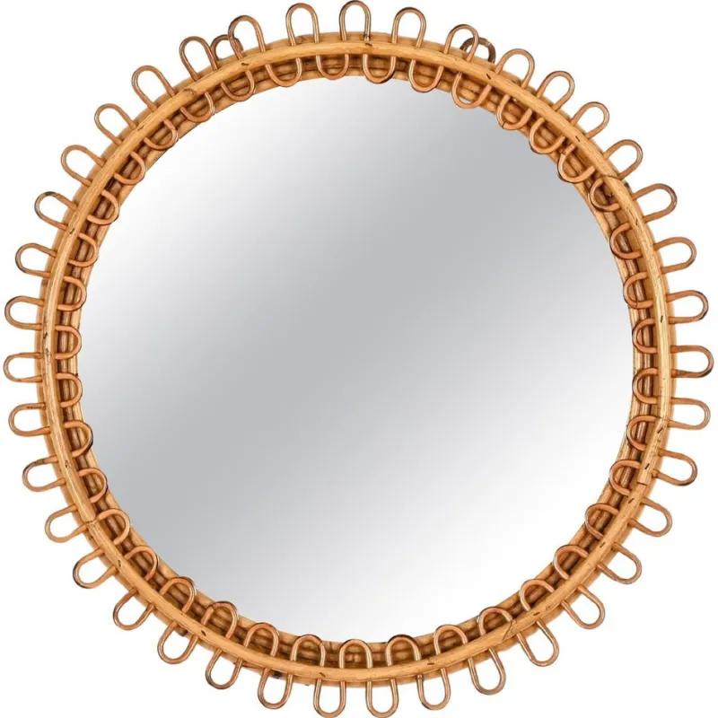 Pamono Round Curved Rattan and Bamboo Mirror attributed to Franco Albini, Italy, 1960s