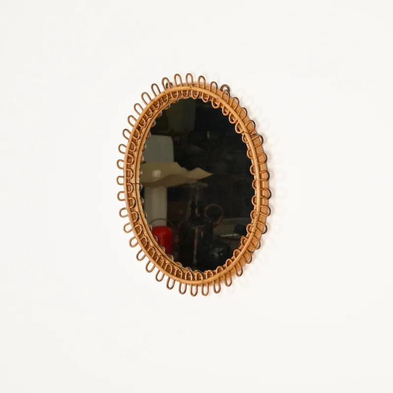 Pamono Round Curved Rattan and Bamboo Mirror attributed to Franco Albini, Italy, 1960s
