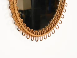 Pamono Round Curved Rattan and Bamboo Mirror attributed to Franco Albini, Italy, 1960s
