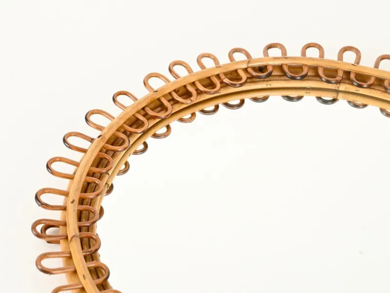 Pamono Round Curved Rattan and Bamboo Mirror attributed to Franco Albini, Italy, 1960s