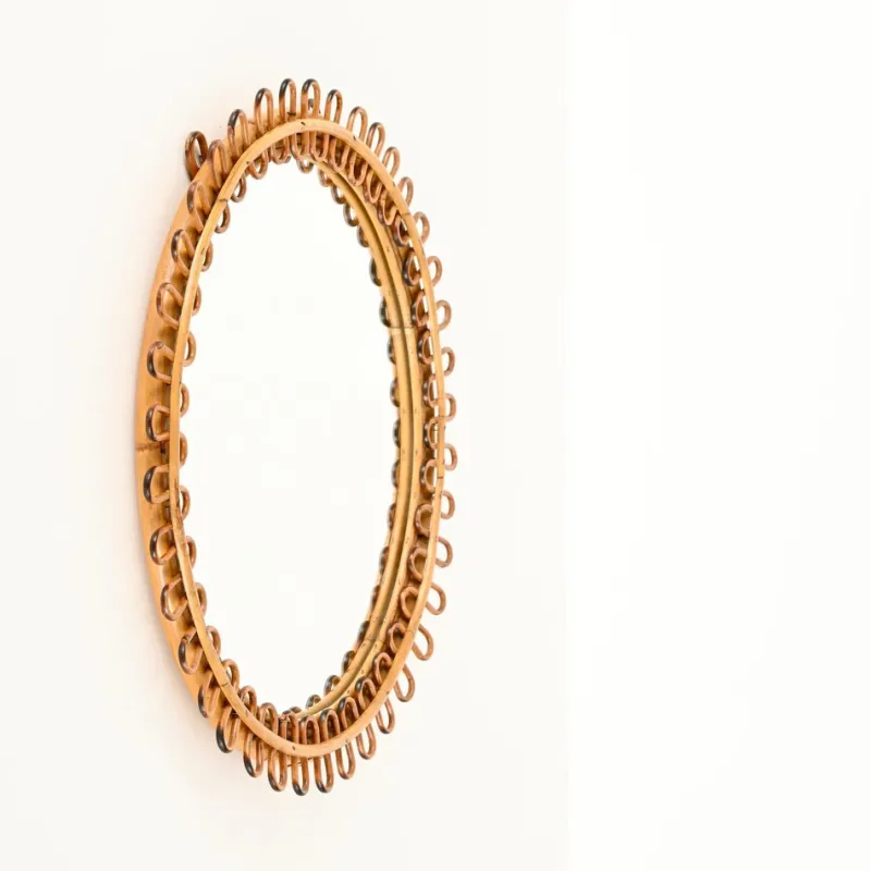 Pamono Round Curved Rattan and Bamboo Mirror attributed to Franco Albini, Italy, 1960s