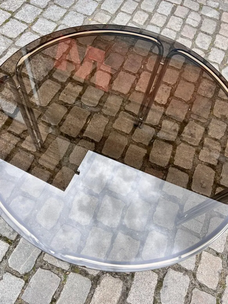 Online Pamono Round Dining Table in Smoked Glass and Chrome