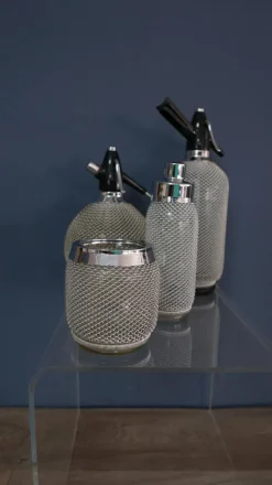 Outlet Pamono Round Glass & Metal Mesh Soda Bar-Syphons from Merkuria Kovocas, 1950s, Set of 4