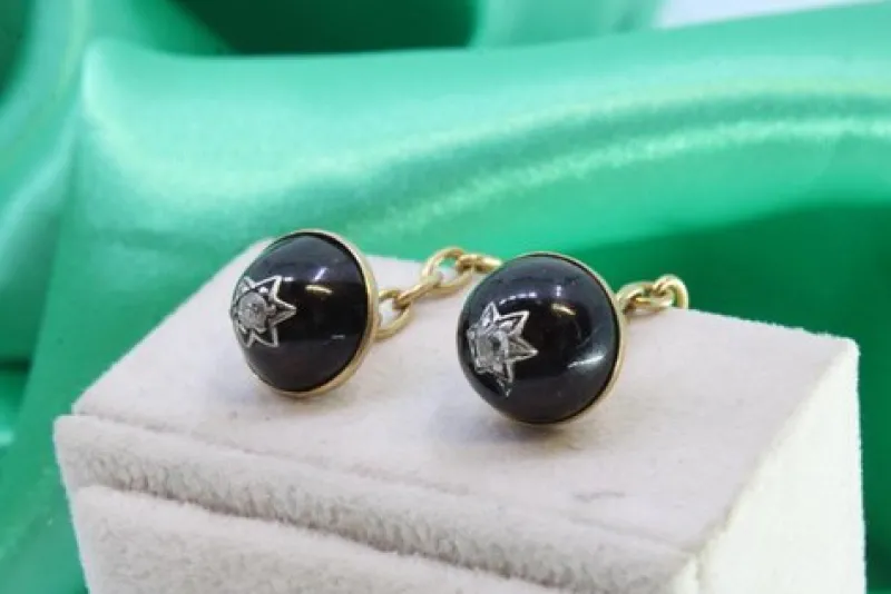 Pamono Round Gold Cufflinks with Diamond Chips, Set of 2> Cufflinks