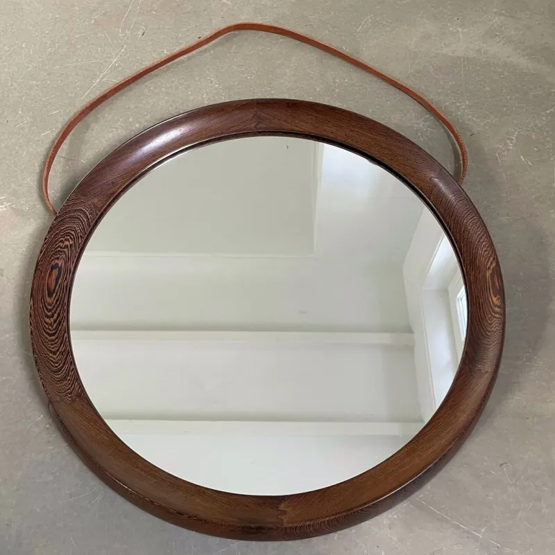 Pamono Round Mirror in Wengé Wood from O.W. Hack Zwolle, Holland, 1960s> Mirrors