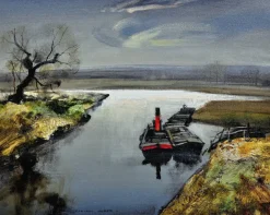Clearance Pamono Rowland Hilder, River Bure, Norfolk, East Anglia, Oil Painting, 1950s, Framed