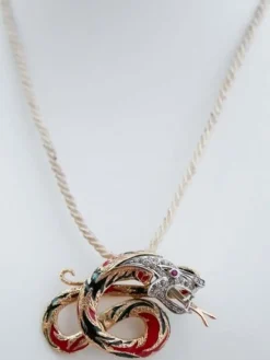Pamono Rubies, Diamonds, Enamel, Rose Gold and Silver Dragon Brooch or Pendant> Brooches