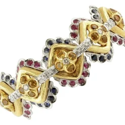 Pamono Ruby & White and Yellow Gold Link Bracelet with White Diamonds and Blue Sapphires> Bracelets