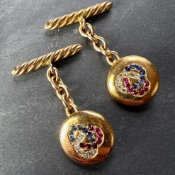 Pamono Ruby Sapphire and Diamond Trefoil 14k Yellow Gold Cufflinks, 1890s, Set of 2><noscript><img width=