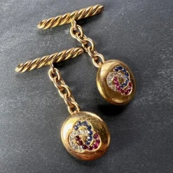Pamono Ruby Sapphire and Diamond Trefoil 14k Yellow Gold Cufflinks, 1890s, Set of 2><noscript><img width=