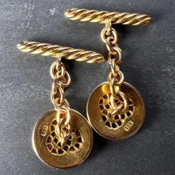 Pamono Ruby Sapphire and Diamond Trefoil 14k Yellow Gold Cufflinks, 1890s, Set of 2><noscript><img width=