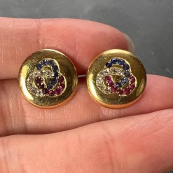 Pamono Ruby Sapphire and Diamond Trefoil 14k Yellow Gold Cufflinks, 1890s, Set of 2><noscript><img width=