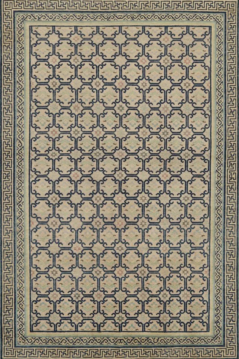 Pamono Rug in Beige with Blue Geometric Patterns from R&K Principal Jahanshah Nazmiyal> Carpets & Textiles|Carpets & Textiles