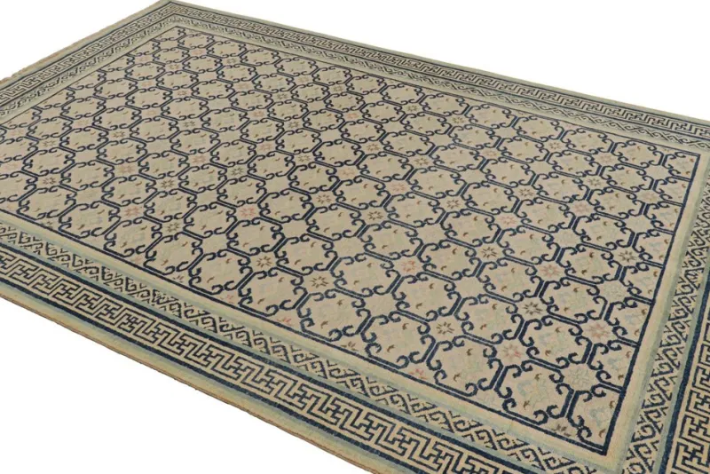 Pamono Rug in Beige with Blue Geometric Patterns from R&K Principal Jahanshah Nazmiyal> Carpets & Textiles|Carpets & Textiles