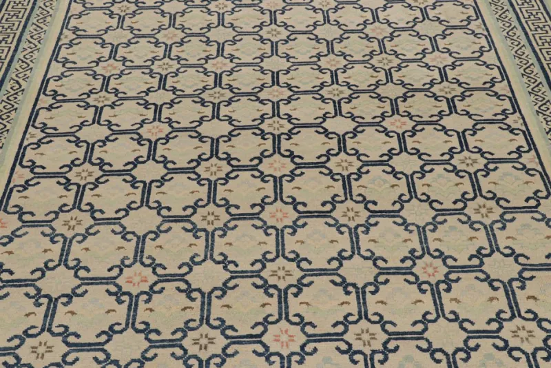 Pamono Rug in Beige with Blue Geometric Patterns from R&K Principal Jahanshah Nazmiyal> Carpets & Textiles|Carpets & Textiles