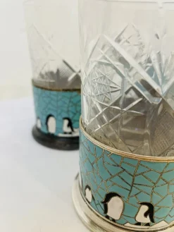 Pamono Russian Glasses with Silver-Plated and Cleaned Bracket, Enamel and Penguin Pattern, 1950s, Set of 4><noscript><img width=