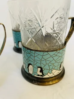 Pamono Russian Glasses with Silver-Plated and Cleaned Bracket, Enamel and Penguin Pattern, 1950s, Set of 4><noscript><img width=