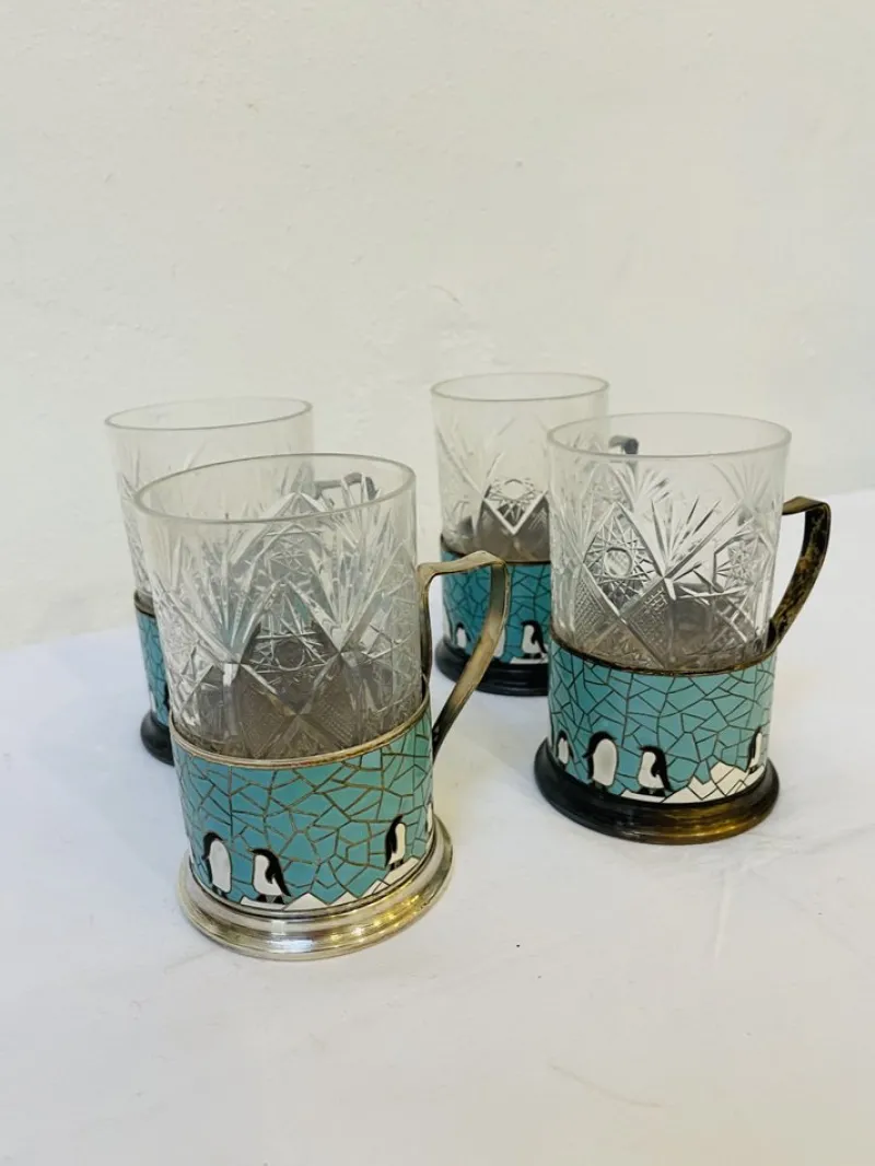 Pamono Russian Glasses with Silver-Plated and Cleaned Bracket, Enamel and Penguin Pattern, 1950s, Set of 4> Glassware
