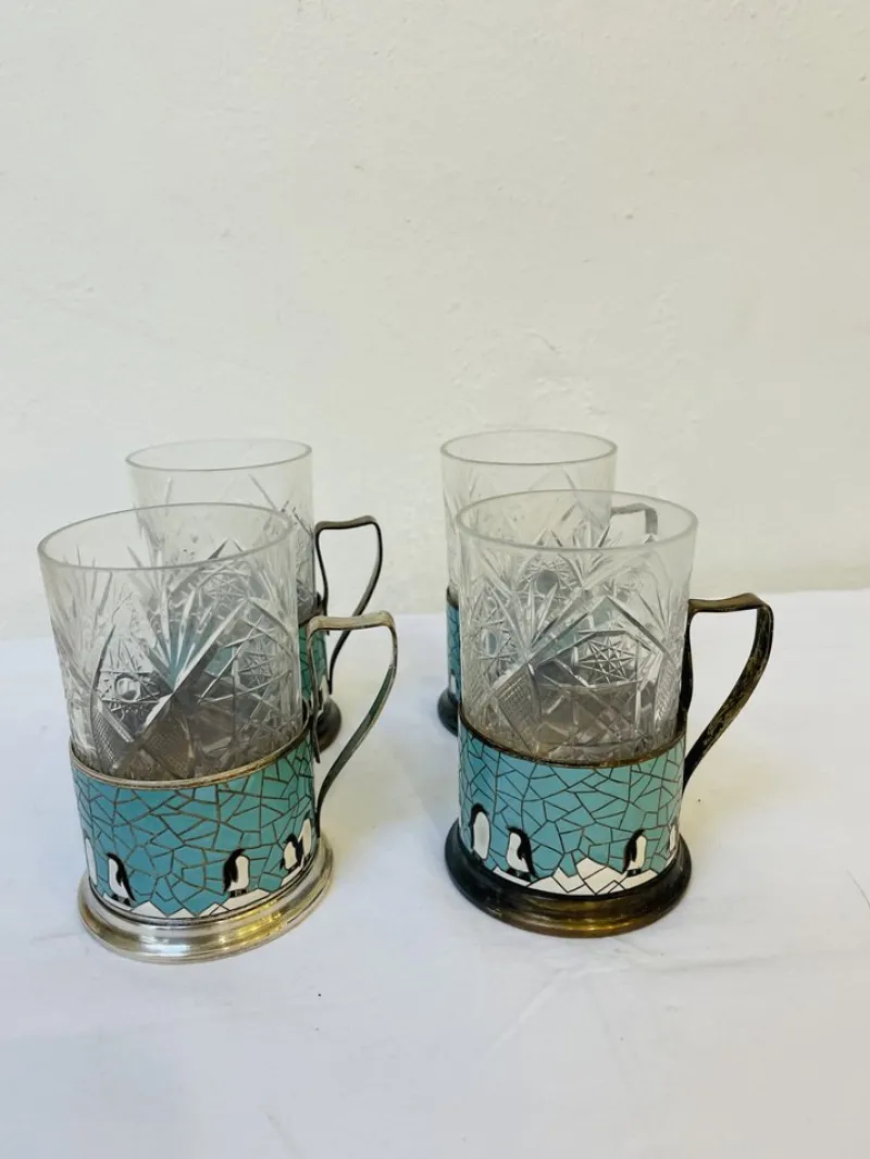 Pamono Russian Glasses with Silver-Plated and Cleaned Bracket, Enamel and Penguin Pattern, 1950s, Set of 4> Glassware
