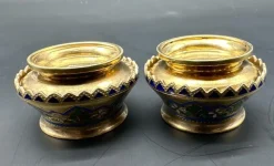Best Pamono Russian Salt Cellars in Cloisonné Champlevé and Gilded Silver by Pavel Ovchinnikov, Set of 2