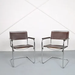 Pamono S34 Cantilever Chairs in Brown Leather and Chrome by Mart Stam for Thonet, Germany, 1970s, Set of 2> Side Chairs & Dining Chairs