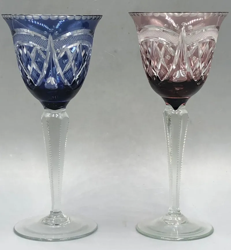 Pamono Saint Louis Lead Crystal Overlay Roman Wine Glasses in Cobalt Burgundy, 1890s, Set of 2> Glassware
