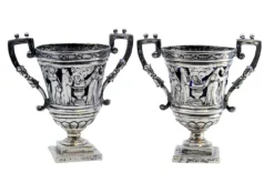 Pamono Salt and Pepper Shakers in Cut Silver with Religious Scene and Blue Glass Souls Interior, Set of 2> Salt & Pepper Shakers