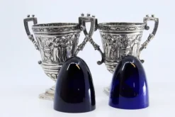 Pamono Salt and Pepper Shakers in Cut Silver with Religious Scene and Blue Glass Souls Interior, Set of 2><noscript><img width=