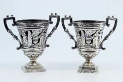 Pamono Salt and Pepper Shakers in Cut Silver with Religious Scene and Blue Glass Souls Interior, Set of 2><noscript><img width=