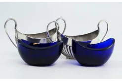 Hot Pamono Salt and Pepper Shakers in Fluted Silver with Blue Glass Cores Interior, Set of 2