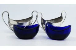 Hot Pamono Salt and Pepper Shakers in Fluted Silver with Blue Glass Cores Interior, Set of 2