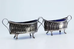 New Pamono Salt and Pepper Shakers in Cut Silver with Blue Glass Souls Interior, Set of 2