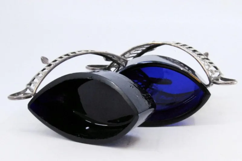 New Pamono Salt and Pepper Shakers in Cut Silver with Blue Glass Souls Interior, Set of 2