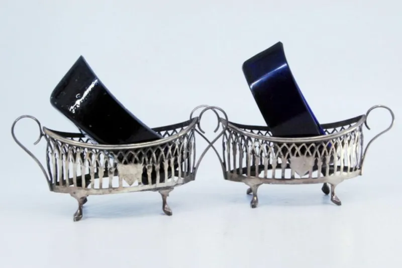 New Pamono Salt and Pepper Shakers in Cut Silver with Blue Glass Souls Interior, Set of 2