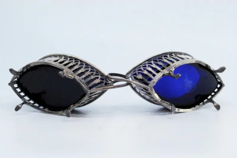 New Pamono Salt and Pepper Shakers in Cut Silver with Blue Glass Souls Interior, Set of 2
